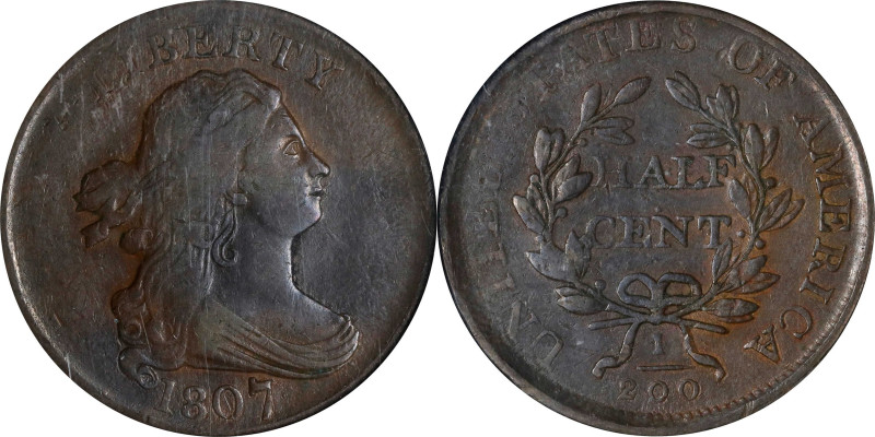 1807 Draped Bust Half Cent. C-1, the only known dies. Rarity-1. EF-40 BN (NGC)....