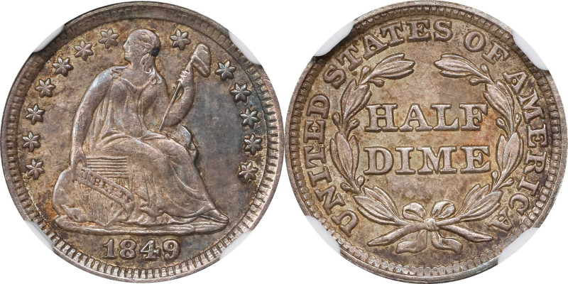 1849 Liberty Seated Half Dime. MS-62 (NGC).
PCGS# 4341. NGC ID: 233D.

Estima...