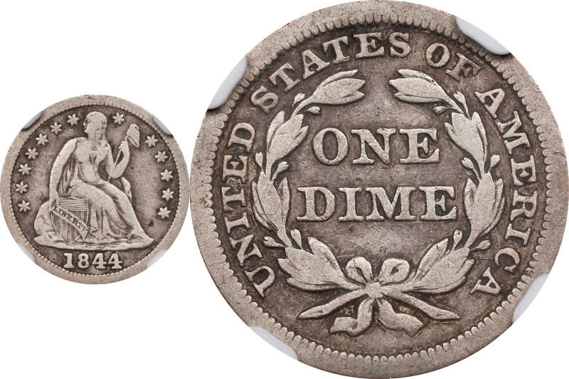 1844 Liberty Seated Dime. Fine-12 (NGC).
PCGS# 4585. NGC ID: 238A.

Estimate:...