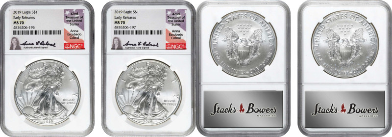 Lot of (2) 2019 Silver Eagles. Early Releases. MS-70 (NGC). 42nd Treasurer Anna ...