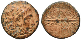 SYRIA, Seleucis and Pieria. Seleucia Pieria, 2nd century BC. Ae (bronze, 7.71 g, 21 mm). Laureate head of Zeus right. Rev. Winged thunderbolt; monogra...