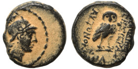 SYRIA, Seleucis and Pieria. Laodicea ad Mare. 1st century BC. Ae (bronze, 2.18 g, 13 mm). Helmeted head of Athena right. Rev. ΛAOΔIKEΩN THΣ IEPAΣ KAI ...