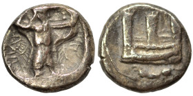 PHOENICIA. Sidon. Time of Ba'alšillem I-Ba'ana, circa 425-401 BC. 1/16 Shekel (silver, 0.71 g, 9 mm). The Persian Great King standing right, drawing b...