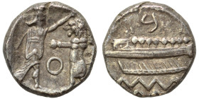 PHOENICIA. Sidon. Ba'alšillem II, circa 401-366 BC. 1/16 Shekel (silver, 0.73 g, 9 mm). Phoenician galley left, waves below. Rev. Persian king or hero...