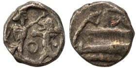 PHOENICIA. Sidon. Ba'alšillem II, circa 401-366 BC. 1/16 Shekel (silver, 0.62 g, 8 mm). Phoenician galley left, waves below. Rev. Persian king or hero...