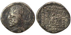 KINGS OF PARTHIA. Mithradates III, circa 87-79 BC. Drachm (silver, 3.78 g, 20 mm), Rhagai. Diademed and draped bust of Mithradates III to left, wearin...