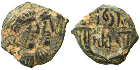 NABATAEA. Rabbel II, with Gamilat, 70-106. Ae (bronze, 2.88 g, 16 mm), Petra. Jugate, laureate busts of Rabbel and Gamilat, draped, right. Rev. Crosse...