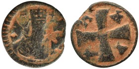Kingdom of Axum. Joel, circa 590-610. Ae (bronze, 0.67 g, 13 mm). Crowned and draped bust to right; cross within crown, Ge'ez legend "King" around. Re...