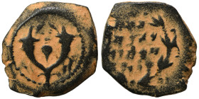 JUDAEA. Hasmoneans. Prutah (bronze, 1.95 g, 15 mm), Jerusalem. Legend within wreath. Rev. Splayed double cornucopia with pomegranate between. Repatina...