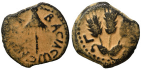 JUDAEA. Herodians. Agrippa I, 37-43. Prutah (bronze, 2.02 g, 16 mm), Jerusalem. Umbrella-like canopy with fringes. Rev. Three grain ears; L ς (date) f...