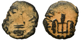 JUDAEA. Procurators. Pontius Pilate, 26-36. Prutah (bronze, 1.49 g, 16 mm). Simpulum. Rev.Three grain ears. Meshorer 331; Hendin 6370. Repatinated, fi...