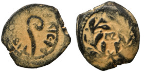 JUDAEA. Procurators. Pontius Pilate, 26-36. Prutah (bronze, 2.31 g, 17 mm). Date in wreath. Rev. TIBEPIOY KAICAPOC Lituus. Meshorer 333; Hendin 6371. ...
