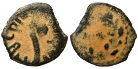 JUDAEA. Procurators. Pontius Pilate, 26-36. Prutah (bronze, 1.44 g, 15 mm). Date in wreath. Rev. TIBEPIOY KAICAPOC Lituus. Meshorer 333; Hendin 6371. ...