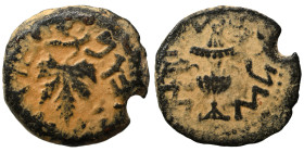 JUDAEA. First Jewish War, 66-70 AD. Prutah (bronze, 3.28 g, 17 mm). Amphora. Rev. Vine leaf on branch with tendril. Hendin 1360; Meshorer 196. Repatin...