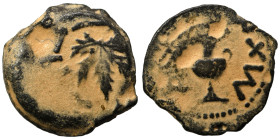 JUDAEA. First Jewish War, 66-70 AD. Prutah (bronze, 2.65 g, 17 mm). Amphora. Rev. Vine leaf on branch with tendril. Hendin 1360; Meshorer 196. Repatin...