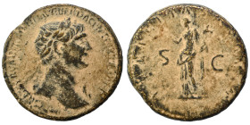 Trajan, 98-117. Sestertius (bronze, 22.71 g, 32 mm), Rome. Laureate and draped bust right. Rev. Felicitas standing left, holding caduceus and cornucop...