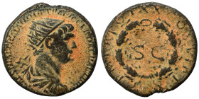 Trajan, 98-117. As (orichalcum, 7.56 g, 23 mm), Rome, for use in Syria. IMP CAES NER TRAIANO OPTIMO AVG GERM Radiate bust of Trajan to right, with sli...