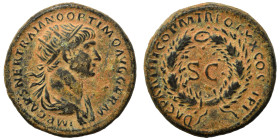 Trajan, 98-117. As (orichalcum, 9.71 g, 23 mm), Rome, for use in Syria. IMP CAES NER TRAIANO OPTIMO AVG GERM Radiate bust of Trajan to right, with sli...