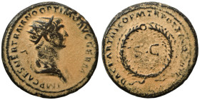 Trajan, 98-117. As (orichalcum, 8.10 g, 23 mm), Rome, for use in Syria. IMP CAES NER TRAIANO OPTIMO AVG GERM Radiate bust of Trajan to right, with sli...