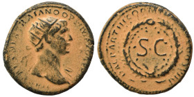 Trajan, 98-117. Semis (bronze, 4.80 g, 19 mm), Rome, for use in Syria. IMP CAES NER TRAIANO OPTIMO AVG GERM Radiate bust of Trajan to right, with slig...