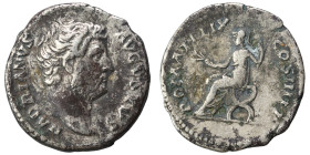 Hadrian, 117-138. Denarius (silver, 3.10 g, 17 mm), Rome. HADRIANVS AVGVSTVS Bare head of Hadrian to right, with slight drapery on his left shoulder. ...