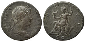 Hadrian, 117-138. As (bronze, 7.41 g, 22 mm), Rome. HADRIANVS AVGVSTVS Laureate, draped and cuirassed bust to right. Rev. COS III Roma seated to left ...