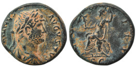 Hadrian, 117-138. Semis (bronze, 4.31 g, 18 mm), Rome. HADRIANVS AVGVSTVS Laureate, draped and cuirassed bust right. Rev. COS III Roma seated left on ...