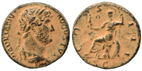 Hadrian, 117-138. Semis (bronze, 3.79 g, 18 mm), Rome. HADRIANVS AVGVSTVS Laureate, draped and cuirassed bust right. Rev. COS III Roma seated left on ...