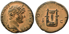Hadrian, 117-138. Semis (bronze, 3.81 g, 17 mm), Rome. HADRIANVS AVGVSTVS Laureate, draped, and cuirassed bust right. Rev. COS III / S - C Lyre. RIC 7...