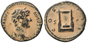 Hadrian, 117-138. Semis (bronze, 3.68 g, 18 mm), Rome. HADRIANVS AVGVSTVS Laureate, draped, and cuirassed bust right. Rev. COS III / S - C Lyre. RIC 7...