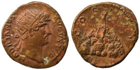 Hadrian, 117-138. Semis (orichalcum, 4.07 g, 18 mm), Rome. HADRIANVS AVGVSTVS Radiate head of Hadrian to right. Rev. COS III Mount Argaios surmounted ...