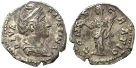 Diva Faustina I, died 140/1. Denarius (silver, 3.38 g, 18 mm), Rome. DIVA FAVSTINA Draped bust right. Rev. CONSECRATIO Ceres standing left, raising ha...