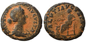 Faustina II, 147-175. As (bronze, 8.98 g, 25 mm), Rome. FAVSTINA AVGVSTA Diademed and draped bust right. Rev:.SALVTI AVGVSTAE / S C Salus seated left ...