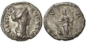 Crispina, Augusta, 178-182. Denarius (silver, 3.49 g, 18 mm), Rome. CRISPINA AVGVSTA Draped bust of Crispina to right. Rev. IVNO Juno, veiled, standin...