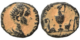 Caracalla, as Caesar, 196-198. Ae Denarius (bronze, 2.11g, 16 mm). [M AVR ANTO]NINVS CAES Bare-headed and draped bust of Caracalla right Rev. SEVER [A...