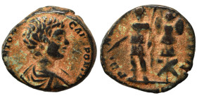 Geta, as Caesar, 198-209. Ae Denarius (bronze, 3.38 g, 17 mm). [P SEPT GETA] CAES PONT Bareheaded and draped bust right. Rev. PRINC IVVENTVTIS. Geta s...