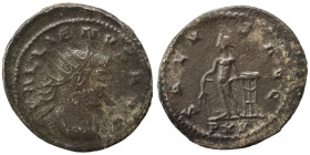 Gallienus, 253-268. Antoninianus (bronze, 3.20 g, 21 mm), Antioch. GALLIENVS AVG Radiate and cuirassed bust of Gallienus to right. Rev. SALVS AVG Apol...