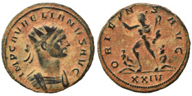 Aurelian, 270-275. Antoninianus (bronze, 3.69 g, 21 mm), Rome. IMP AVRELIANVS AVG Radiate and cuirassed bust right. Rev. ORIENS AVG / Γ Sol advancing ...
