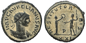 Aurelian, 270-275. Antoninianus (bronze, 3.86 g, 22 mm), Antioch. IMP C AVRELIANVS AVG Radiate and cuirassed bust right. Rev. RESTITVT ORBIS / P Femal...