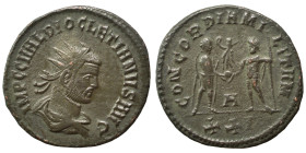 Diocletian, 284-305. Ae (bronze, 3.34 g, 22 mm), Antioch. IMP C C VAL DIOCLETIANVS P F AVG Radiate, draped and cuirassed bust to right. Rev. CONCORDIA...
