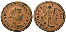 Diocletian, 284-305. Ae (bronze, 10.19 g, 27 mm), Antioch. IMP C DIOCLETIANVS P F AVG Laureate head right. Rev.GENIO POPVLI ROMANI Genius standing fac...