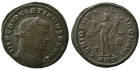 Diocletian, 284-305. Ae (bronze, 9.55 g, 25 mm), Antioch. IMP C DIOCLETIANVS P F AVG Laureate head right. Rev.GENIO POPVLI ROMANI Genius standing faci...