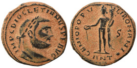 Diocletian, 284-305. Ae (bronze, 11.36 g, 25 mm), Antioch. IMP C DIOCLETIANVS P F AVG Laureate head right. Rev. GENIO POPVLI ROMANI Genius standing fa...