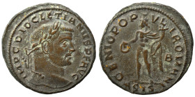 Diocletian, 284-305. Follis (bronze, 9.63 g, 28 mm), Siscia. IMP DIOCLETIANVS P F AVG Laureate head right. Rev. GENIO POPVLI ROMANI Genius standing le...