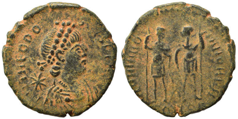 Theodosius II, 402-450. Ae (bronze, 1.74 g, 16 mm). D N THEODOSIVS P F AVG Pearl...