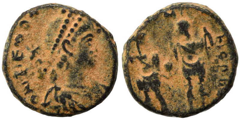 Theodosius II, 402-450. Ae (bronze, 2.53 g, 13 mm). D N THEODO[SIVS P F AVG] Pea...