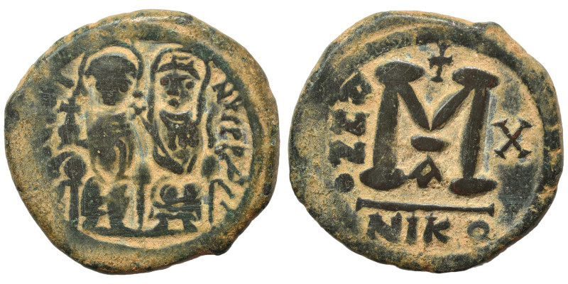 Justin II, with Sophia, 565-578. Follis (bronze, 13.19 g, 28 mm), Nicomedia. Jus...