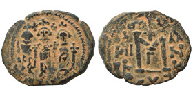 Heraclius, with Martina and Heraclius Constantine, 610-641. Follis (bronze, 5.01 g, 23 mm), Eastern Imitation. Heraclius, Heraclius Constantine, and M...