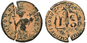 Constans II, struck over Roman Imperial Probus coin, 276-282. [RES]TI TVTOR […]. Rev. IMP C M AVR PROBVS P[…]. Constans II, 641-668. Follis (bronze, 3...