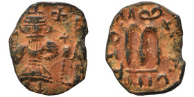 Constans II, with Constantine IV, 641-668. Follis (bronze, 3.40 g, 21 mm), Eastern Imitation . Constans II, with long beard, wearing crown and militar...